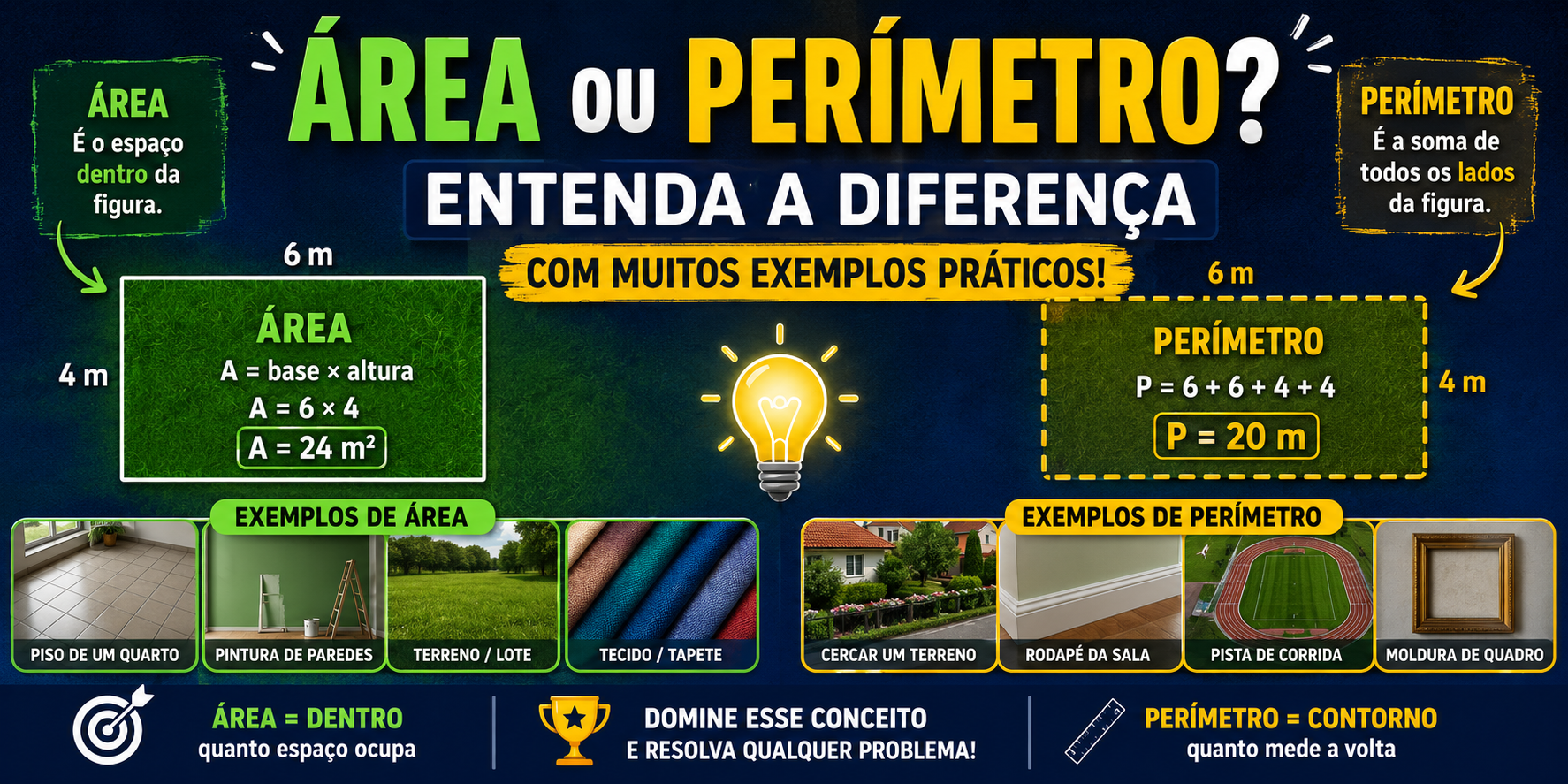 Área ou Perímetro? Entenda a diferença com muitos exemplos práticos!